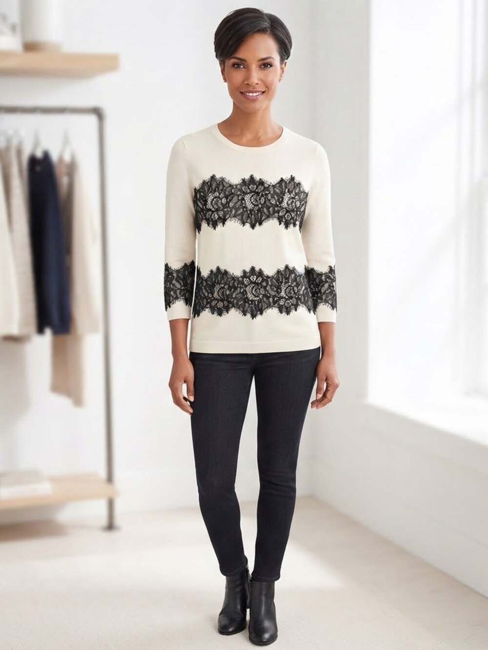 Talbots Lace Applique Sweater Top small petite